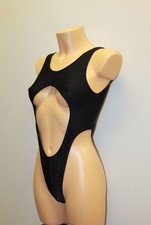Women Thong One-piece Leotard 201-44 Open Front Open Back Black Spandex Size M