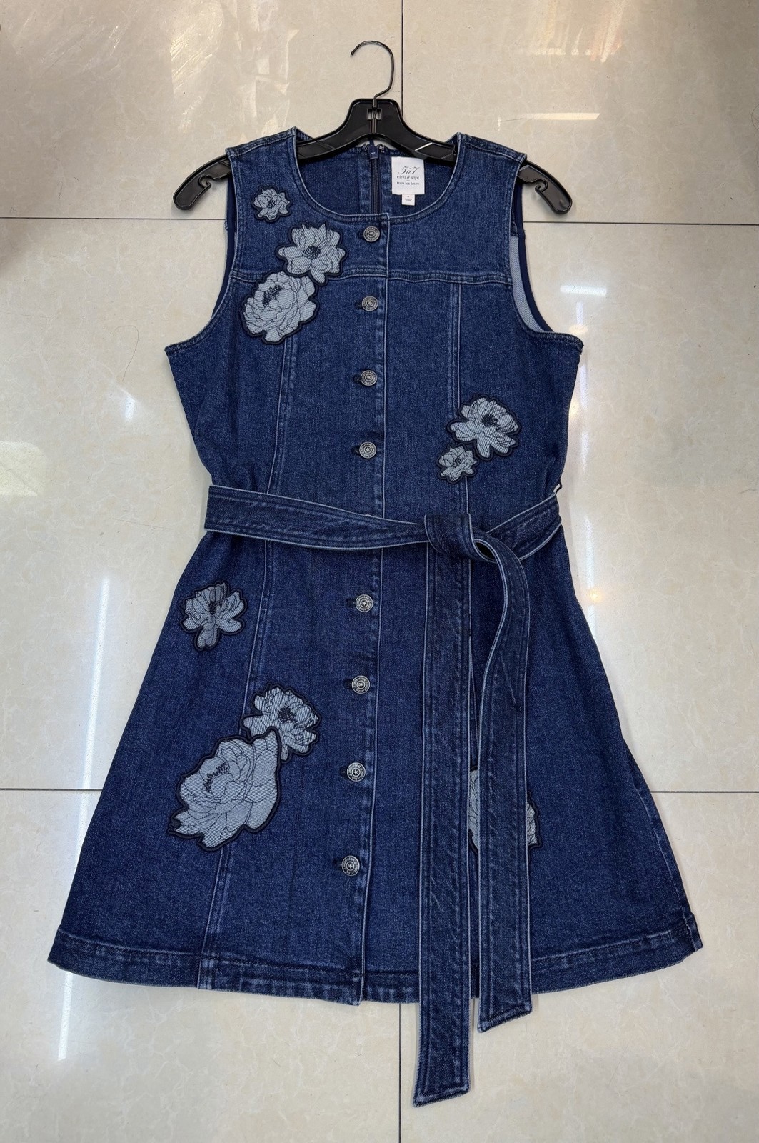 Women Cinq A Sept Round Neck Floral Embellished Denim Mini Dress