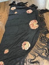 Vintage Hand Painted Silk Piano Shawl With Long Fringe Edges