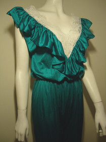 VTG Silky FRILLY Satin Nylon Jumpsuit Playsuit Lace Ruffle Romper Dress lingerie