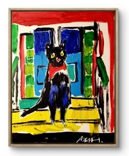 Original Art Black Cat on Porch 14x11 Neo Expressionism Artwork on Canvas