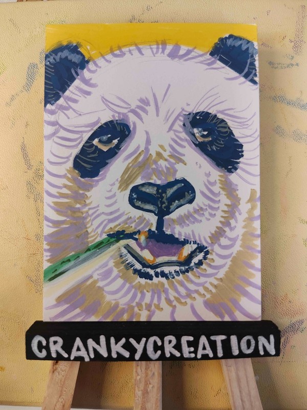 Original ACEO card PANDA BAMBOO SNACK art by crankycreation