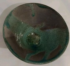 Raku Pottery Bowl Black Base Turquoise/ Brown Colours VGC 6 cm Tall Potters Mark