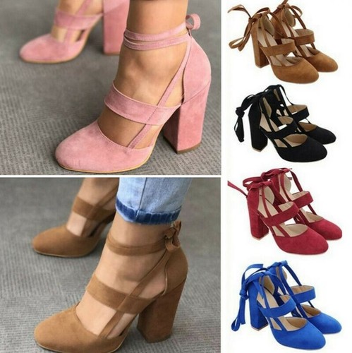 New Casual Womens Block High Heels lace Up Sandals Shoes Round Toe Pumps US Size - Picture 10 of 17