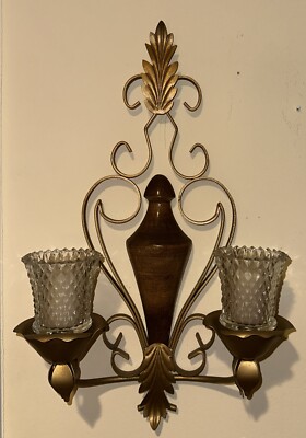 Vintage Homco Wrought Iron/Wood Double Tulip Fleur De Lis Brushed G Wall Sconce
