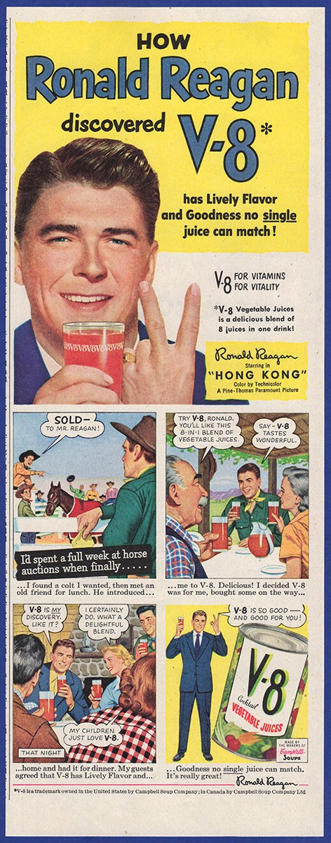 Vintage 1952 V-8 Vegetable Juice Ronald Reagan Ephemera 1950's
