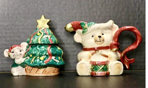 Vtg 1995 Fitz & Floyd Omnibus Holiday Bears Sugar Bowl & Creamer Set EUC