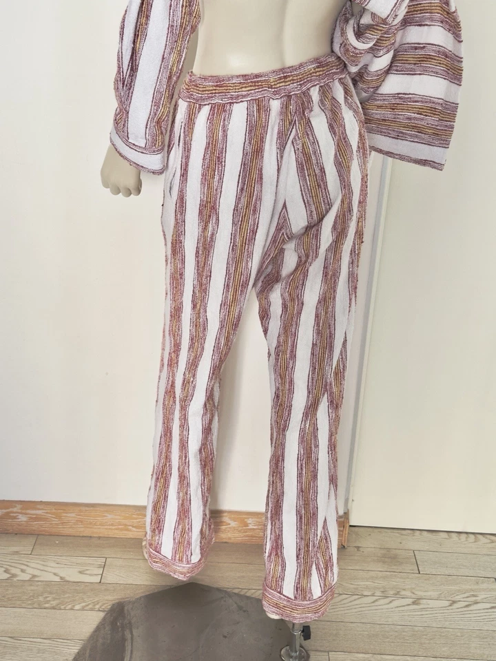 Lucy Folk Tessuto Cotone Righe Accappatoio Asciugamano Giacca Pantaloni Lungh... - Immagine 3 di 4