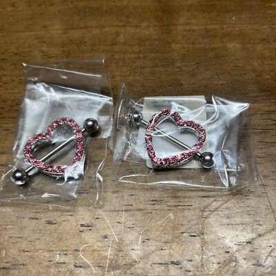 Pair Gem Paved Pink Hearts Nipple Rings 14G Surgical Steel Shield Barbell.