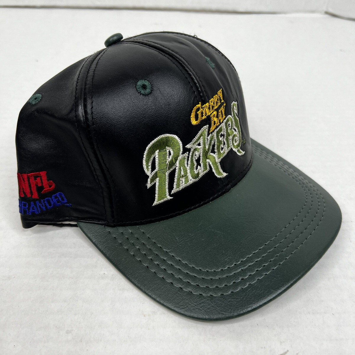 Vintage 90s Leather Green Bay Packers Snapback Hat Cap Black NFL