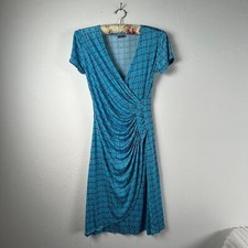 Ingenue London Women's Ruched Side Wrap Dress Size 6 Short Sleeve Blue Printed