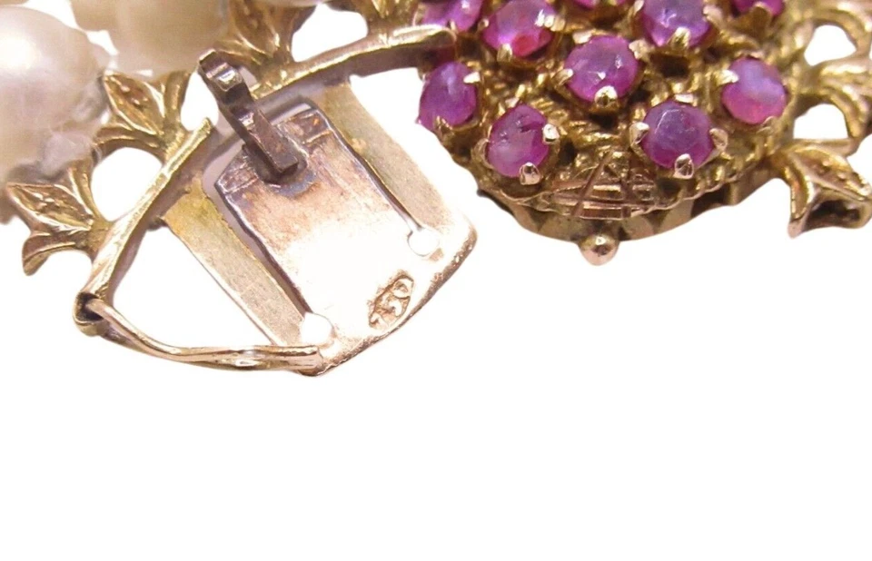 18k Yellow Gold Four Strand Cultured Pearl Bracelet w/Ruby Cluster Clasp - Image 4 of 4