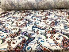 Printed Liverpool Textured Fabric Stretch Cream Peach Navy Paisley Floral 1N25