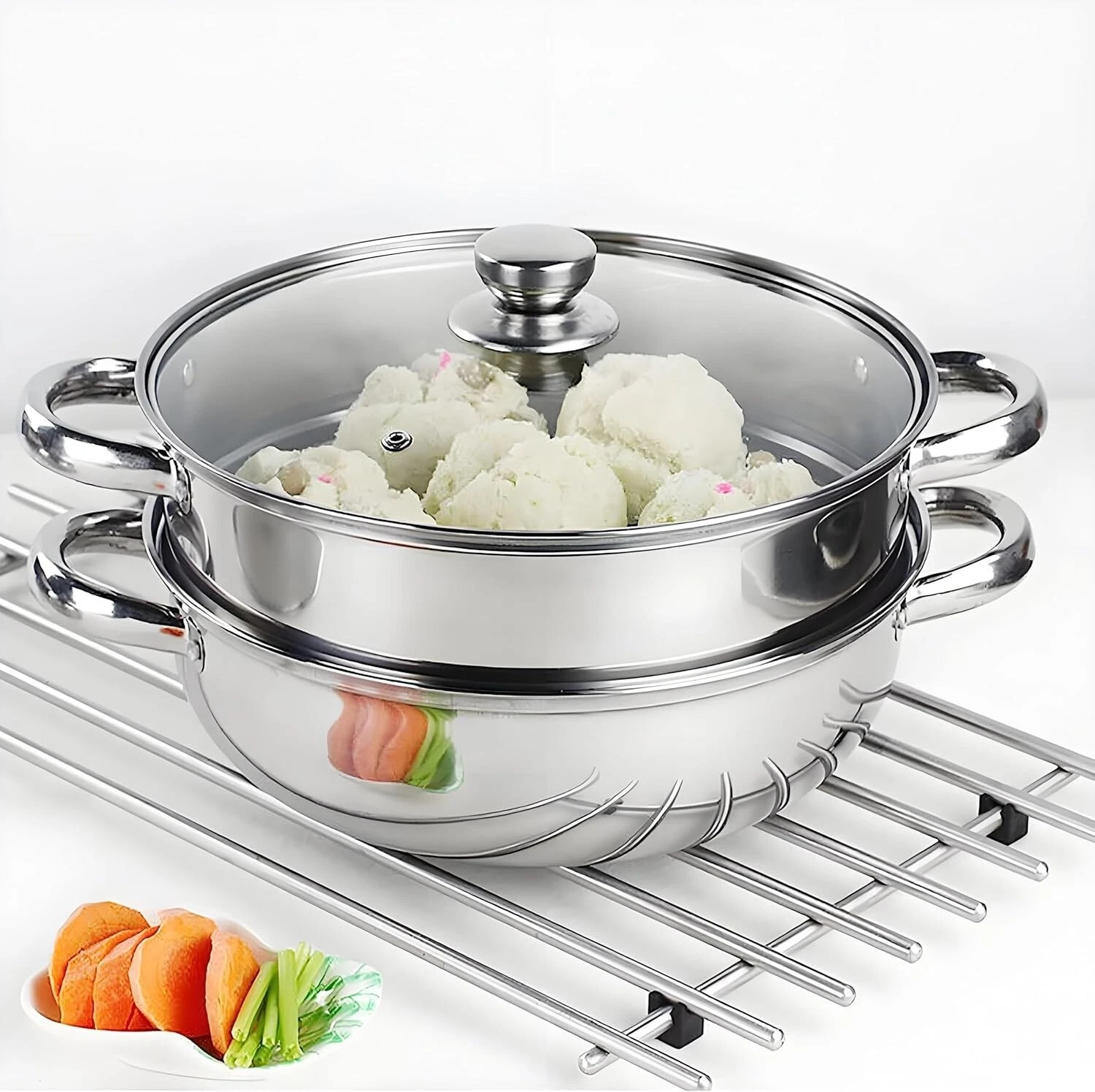 28cm Stainless Steel Steamer Pot with Ventilated Glass Lid - Ideal for Dumplings - Picture 3 of 10