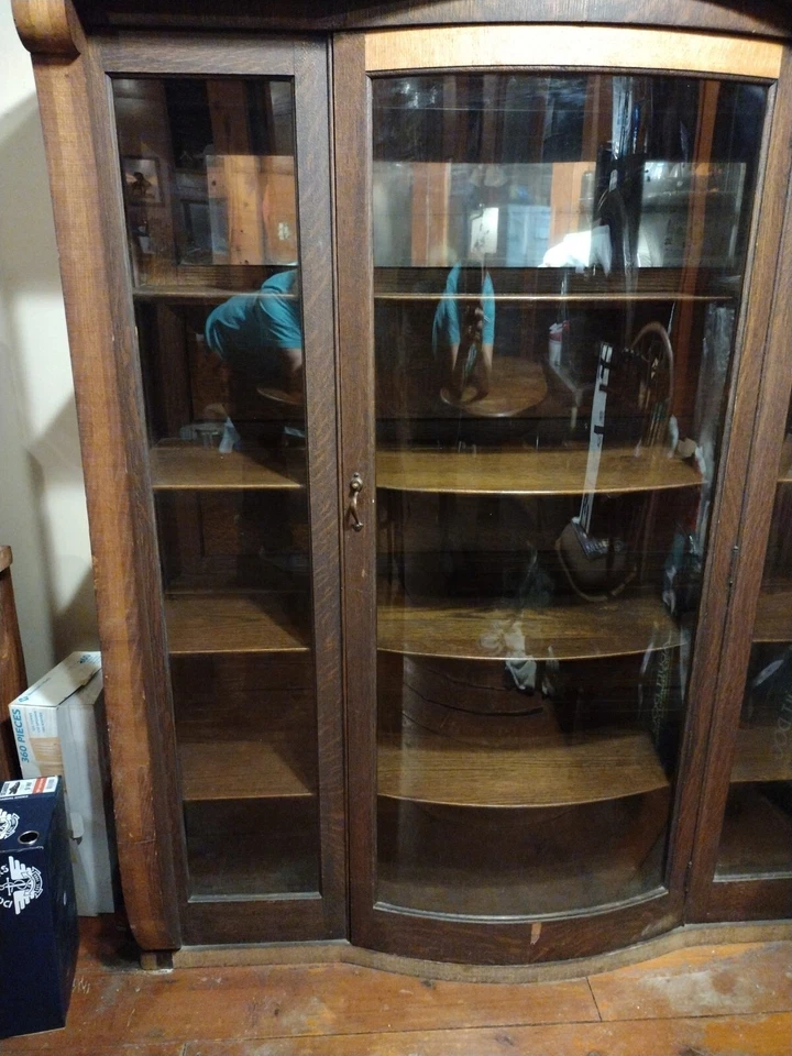 Armário antigo Império Vitoriano carvalho porcelana arco/vidro curvo frontal 62H x42W x16D - Imagem 3 de 4