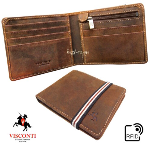 Mens Wallet Tan Leather RFID Bifold Tap & Go Pocket Slim Visconti New in Box BN3 - Afbeelding 1 van 12