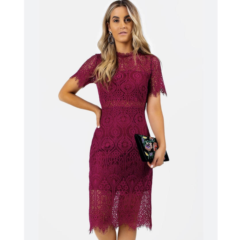 LULUS burgundy lace short sleeve knee length dress