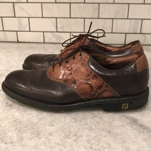 Footjoy Icon Croc Golf Shoes Mens 8.5 Brown Dark Gator Style 52236 Saddle - Picture 4 of 15