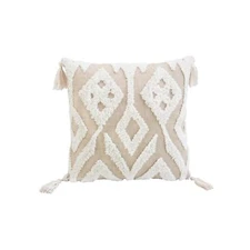 17 X 17 Beige And White Ikat Zippered Polyester Throw Pillow With Tassels