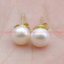 Nice 11-10mm South Sea White Natural Pearl Stud Earrings 14k Gold