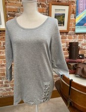 Joan Rivers Grey Scoop Neck Sweater Lace Up Detail New 3/4 Sleeve