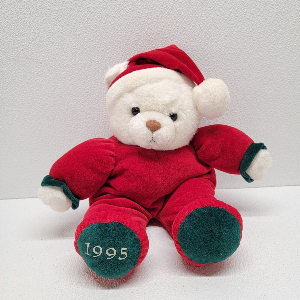 Vintage Christmas White Teddy Bear Plush Red Pajamas & Rattle Hat