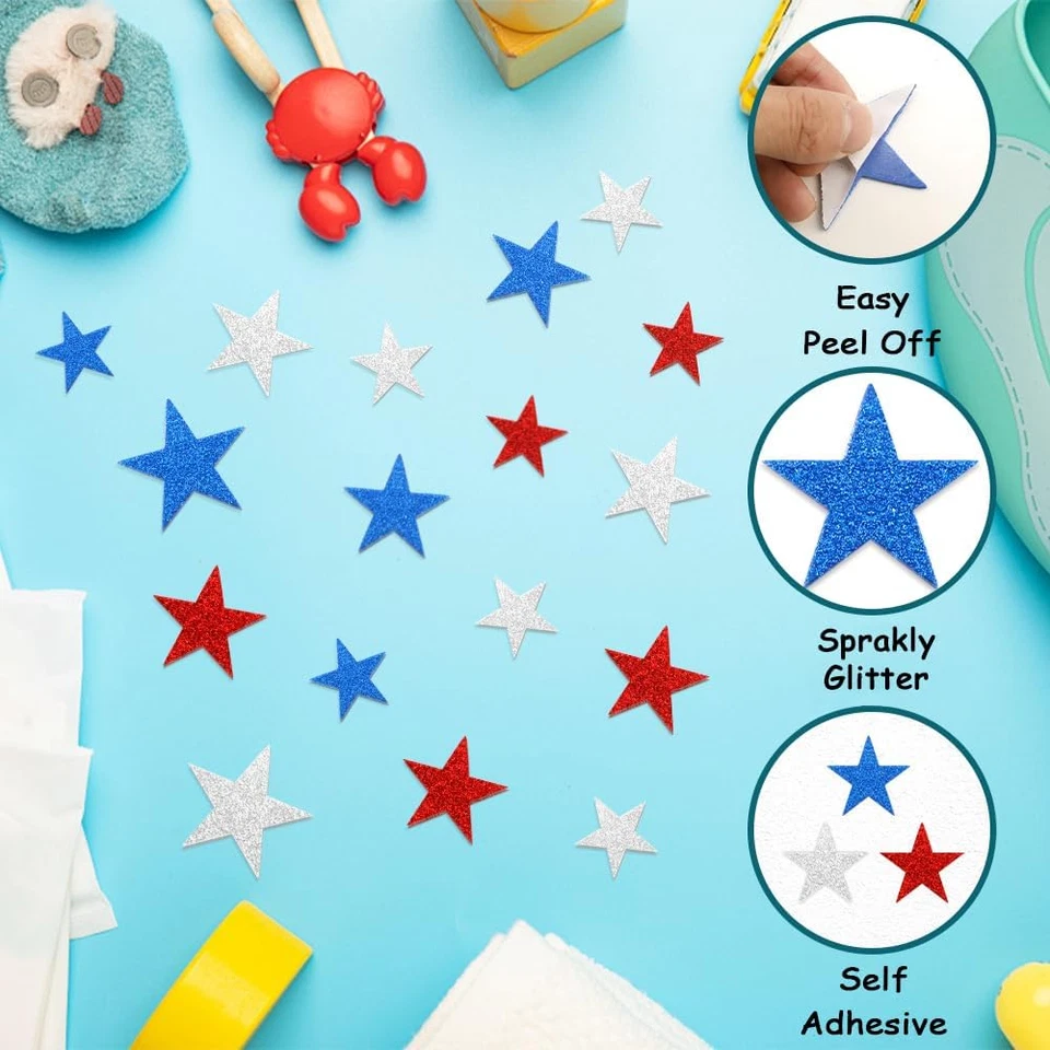 Pegatinas de estrellas de espuma 90 piezas 4 de julio pegatinas de espuma rojo blanco azul brillo palo Foto 4 de 4