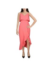 AQUA Womens Coral Spaghetti Strap V Neck Midi Hi-Lo Evening Dress Size: 2