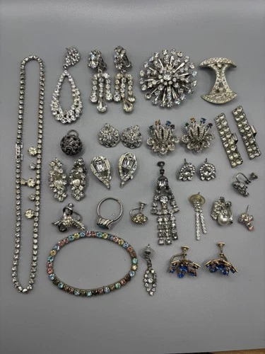 Vintage Estate Lot Of Rhinestone Mix Costume Jewelry Screw Back Earrings Antique