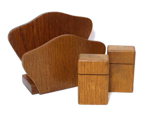 Vintage Wood Napkin Holder & Salt Pepper Shakers Set 3 - Picture 3 of 9