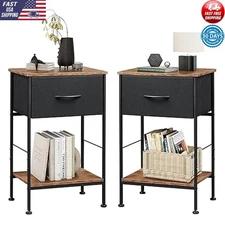 Nightstand Set of 2, End Table w/ Fabric Storage Drawer Open Wood Shelf Bedside