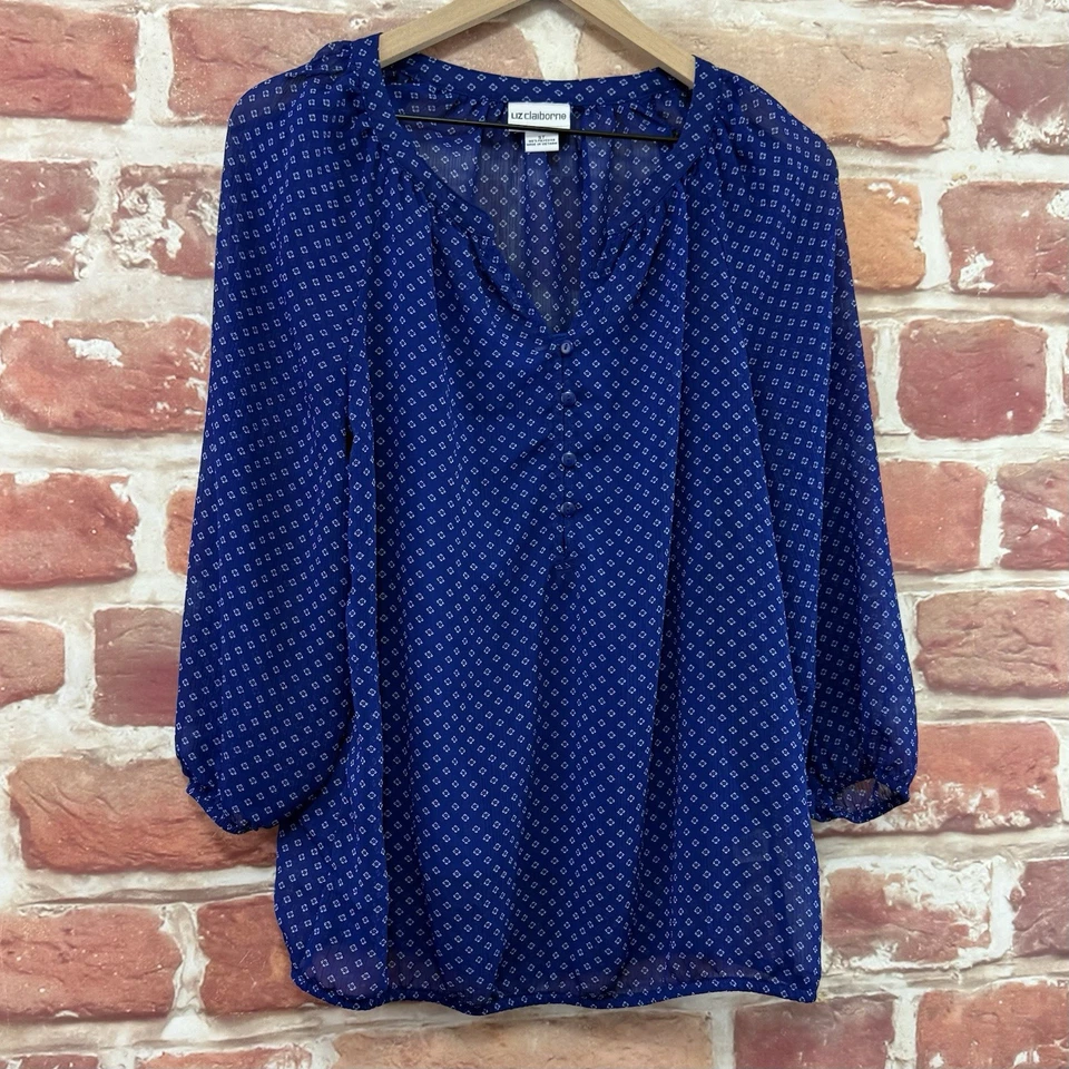 Camisa de Carrera Liz Claiborne Top Mujer Pequeña Alta Azul Blanca Mini Floral Informal Foto 2 de 4