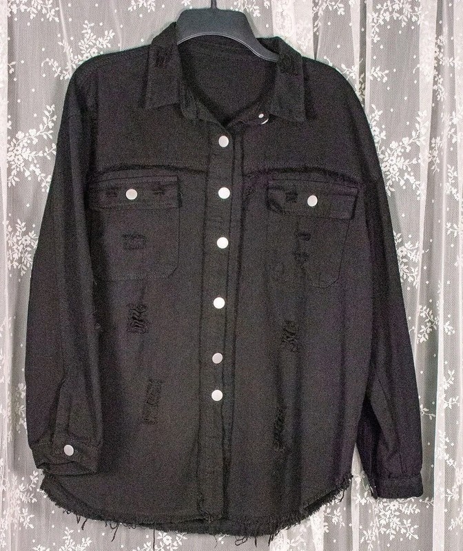Women's Black Distressed Button-Front Short Jean Jacket Long Sleeve Casual XL