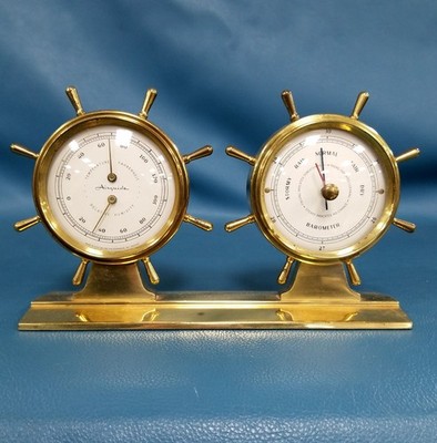 VTG Airguide Brass Double Ship Wheel Weather Station w/Thermometer Barometer