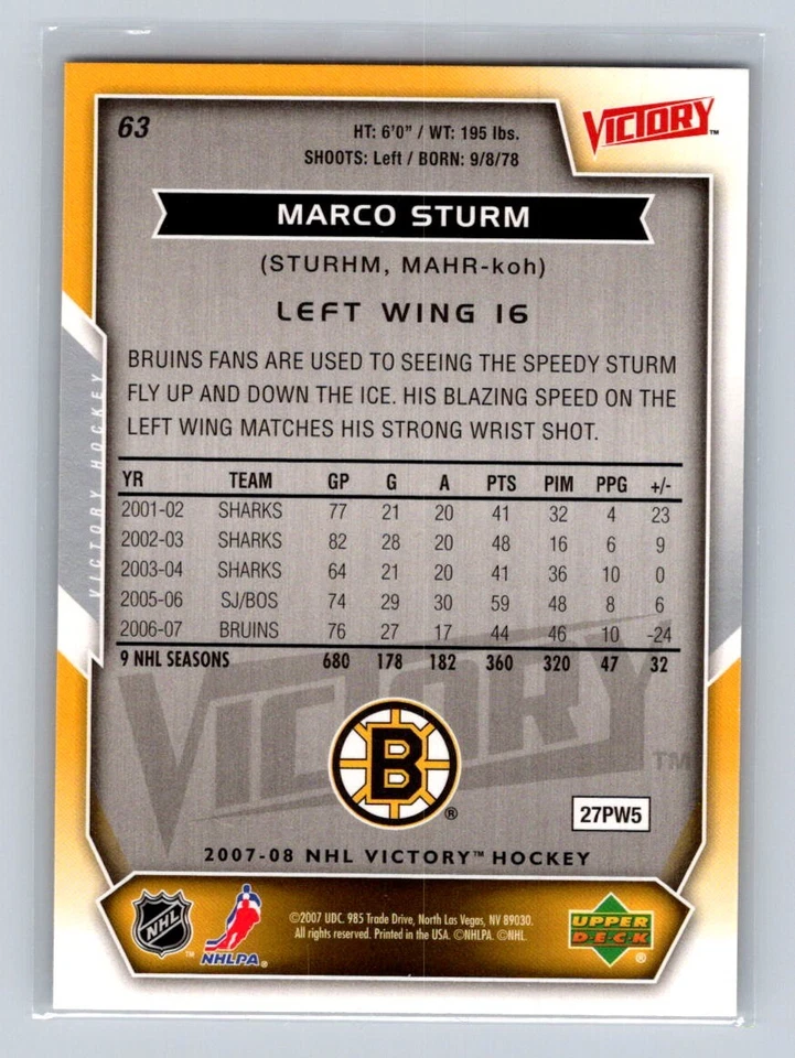 2007-08 Upper Deck Victory #63 Marco Sturm Boston Bruins - Image 2 of 2