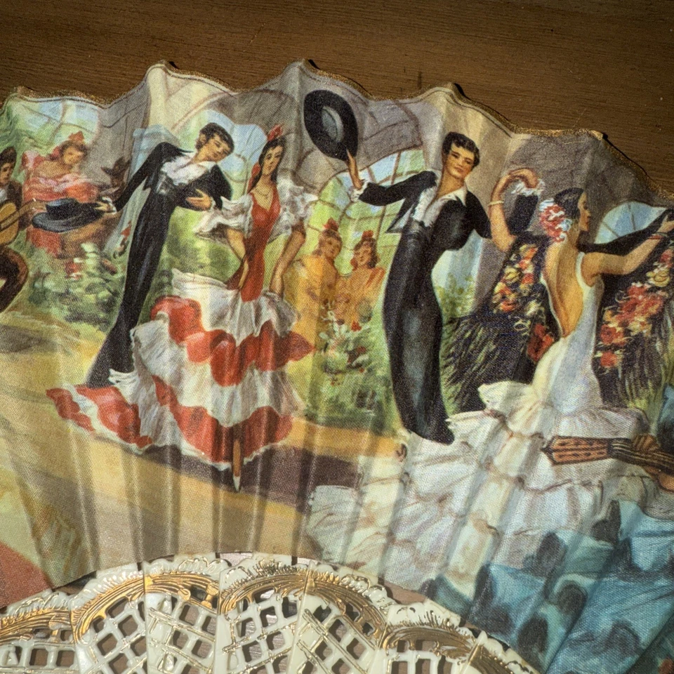 2 abanicos de mano vintage de tela ornamentada abanico plegable flamenco gitano mango dorado y floral Foto 4 de 4