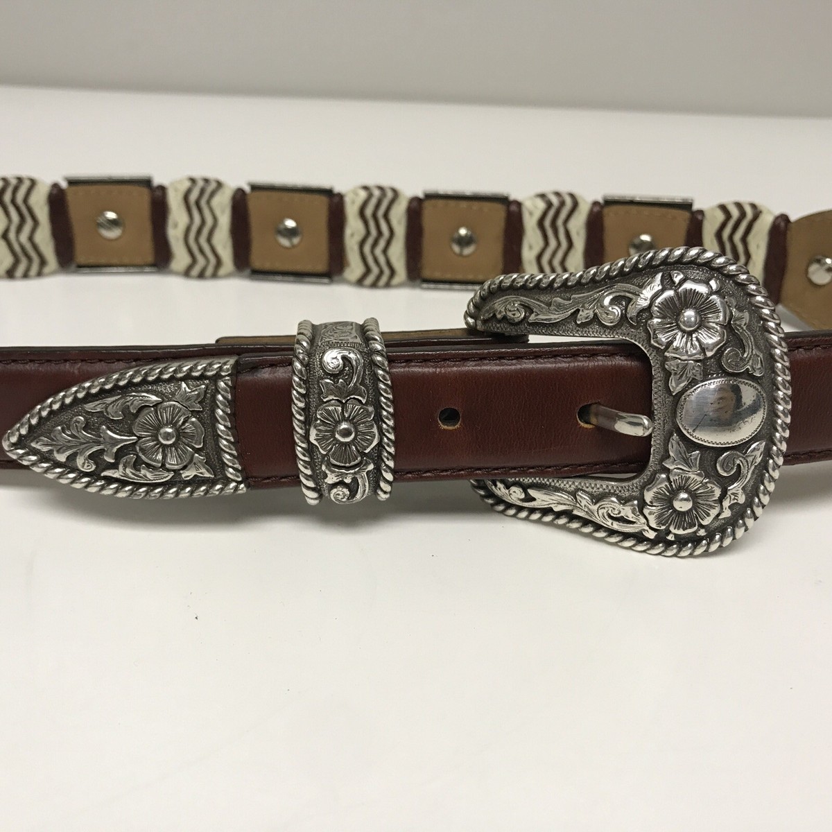 Tony Lama Brown Leather Silver Concho Flower Western Belt 