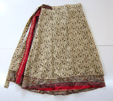 Vintage Handmade India Silk Red Grey Yellow Floral Long Maxi Wrap Skirt One Size