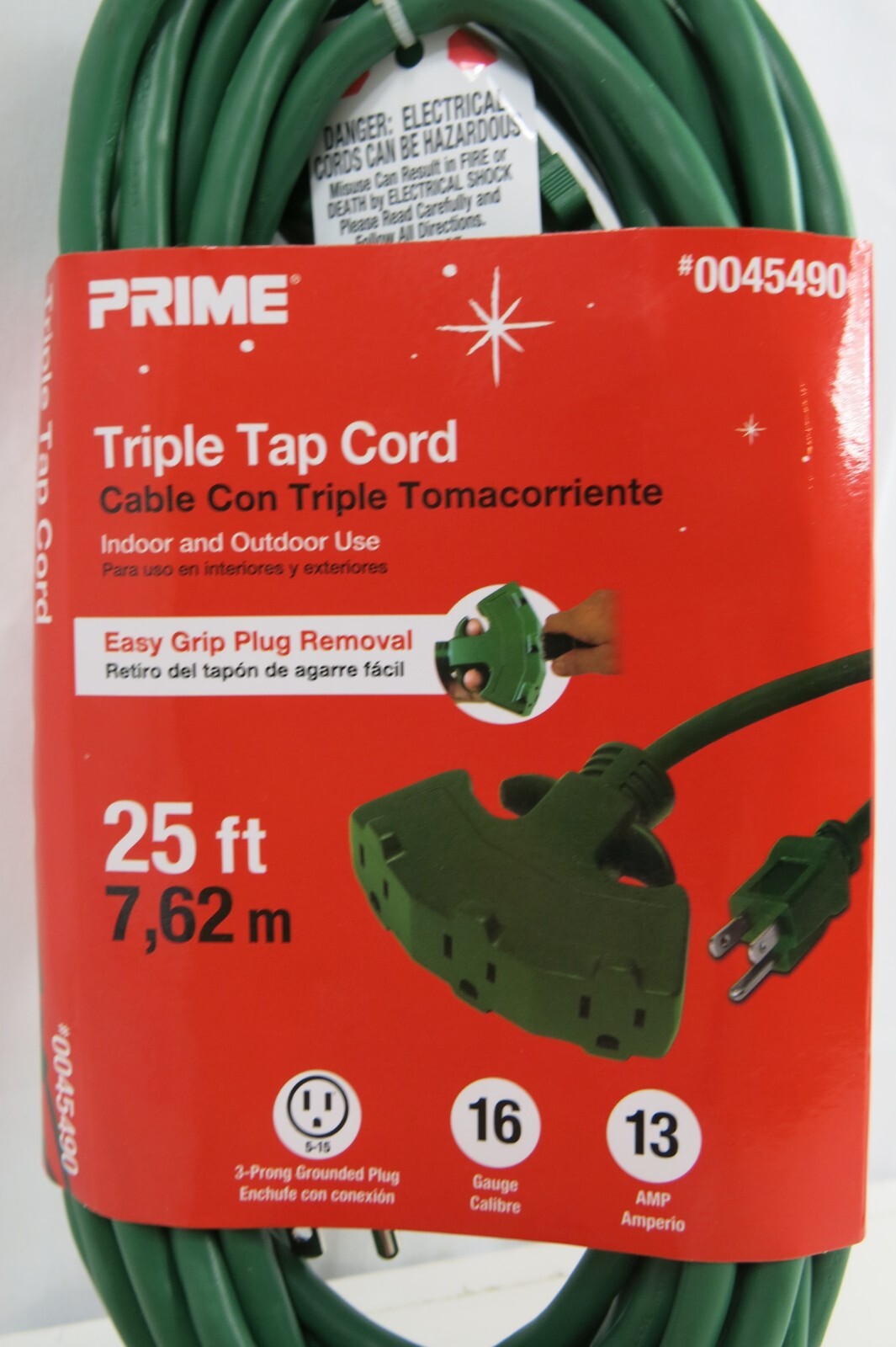 PRIME Triple Tap Cord 25ft EASY Grip Plug Removal 3Prong 16 Guage 13