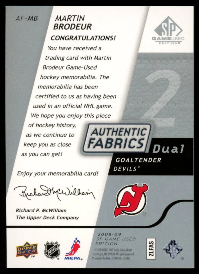 2008-09 SP Game Used MARTIN BRODEUR Dual Authentic Fabrics #AF-MB Game-Used - Image 2 of 3