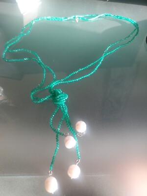 Colleen Lopez White Pearl & Green Agate Necklace 43'' NWOT 
