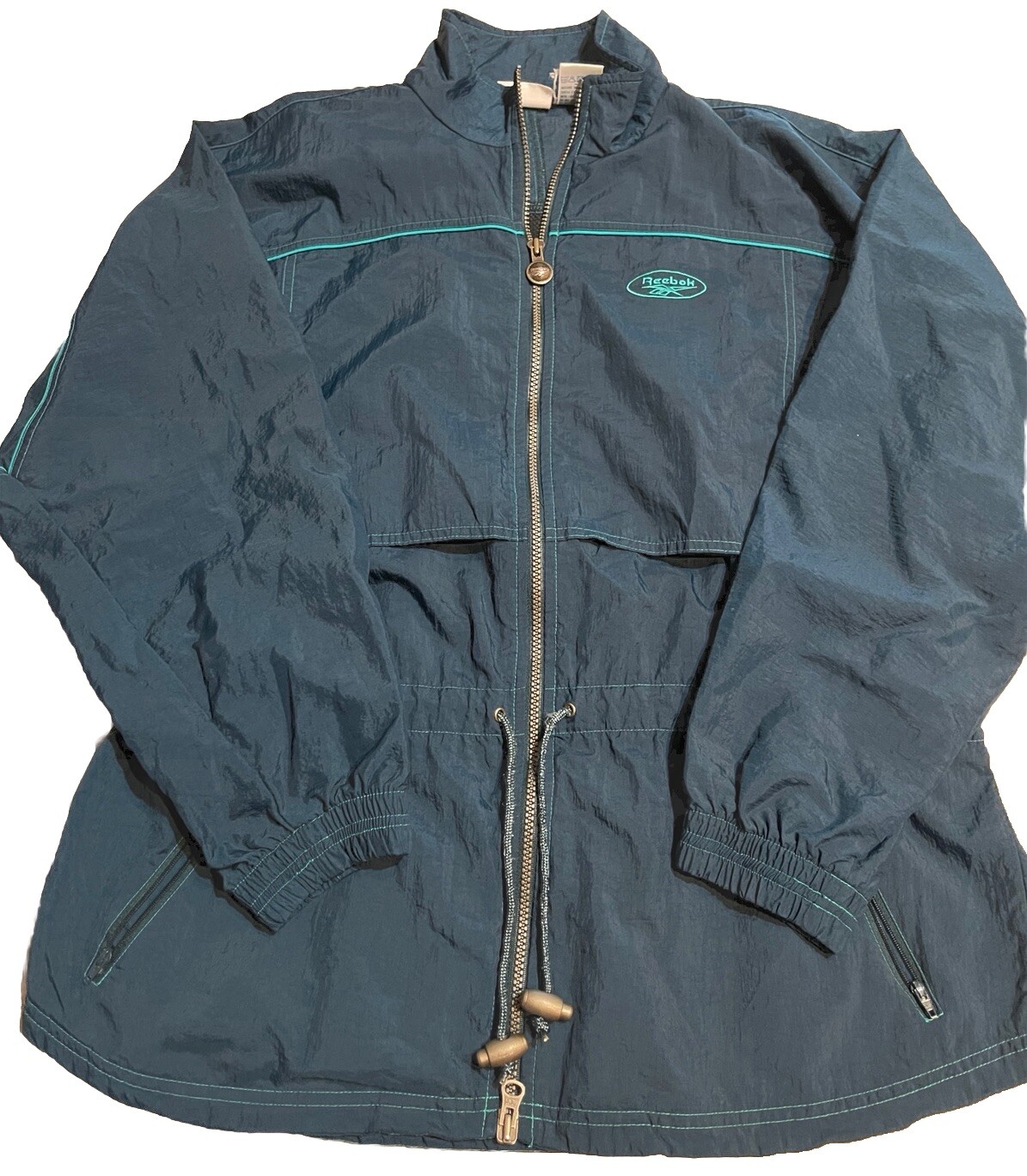 Vtg Reebok Jacket Womens Large Green Teal Zip Vented Windbreaker Cinched