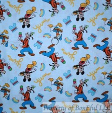 BonEful Fabric FQ Cotton Quilt Blue Mickey Mouse GOOFY Allover Donald Duck Print