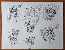 1987 Tatts Tommy Vintage Biker Style Tattoo Flash Sheet Skull Girl, Eagle, Dixie