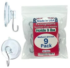 9-Pack Medium 1 3/4 Inch Pennsylvania Heavy Duty Suction Cup Hooks for Glass Win
