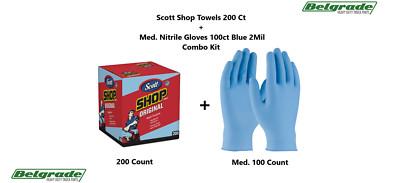 Scott Shop Towels 200 Ct + Med. Nitrile Gloves 100ct Blue 2Mil Combo Kit