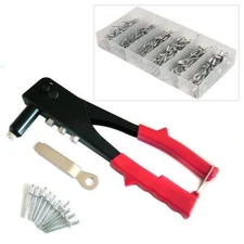 HEAVY DUTY HAND POP RIVETER TOOL + 395 ASSORTED RIVETS 4 NOZZLE HEADS RIVET GUN