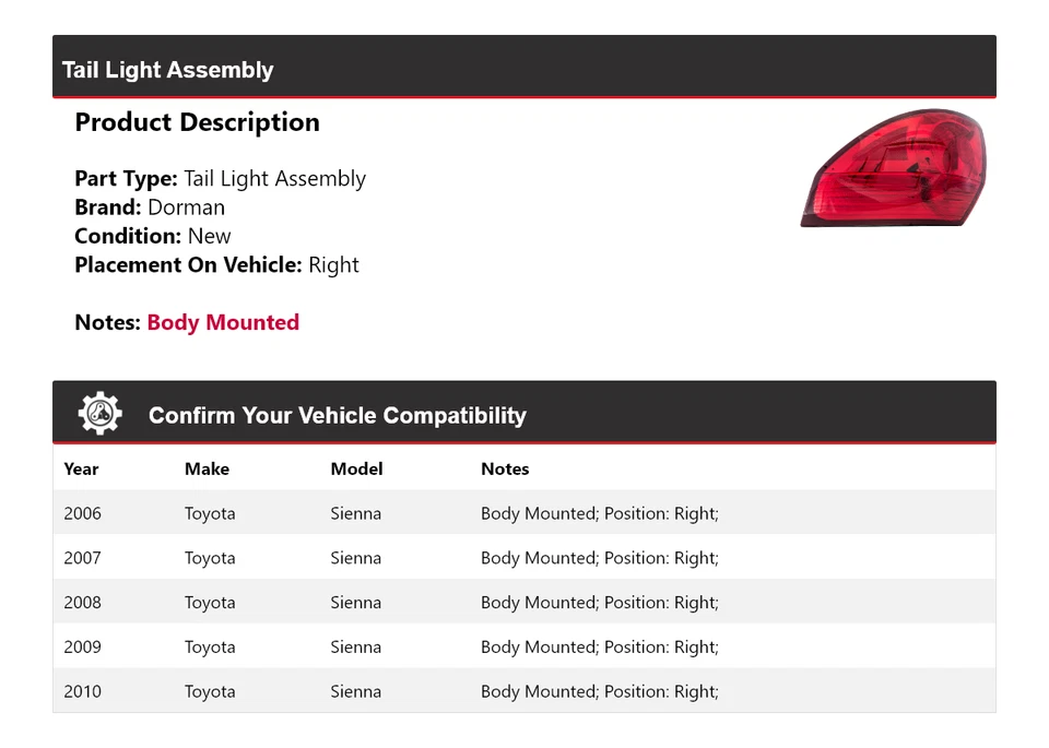 Conjunto de luz trasera derecha para Toyota Sienna Dorman 2006-2010 2007 2008 2009 Foto 2 de 4
