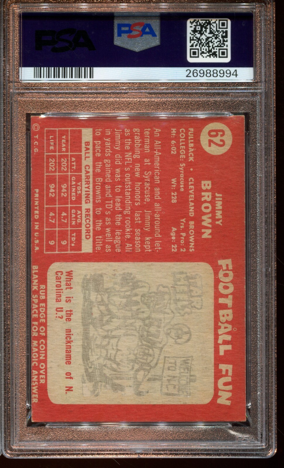 1958 '58 Topps Football #62 Jimmy Jim Brown Rookie Card Graded PSA 5 view 2