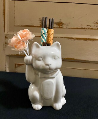 Japanese Lucky Cat Tiki Mug Vase or Chopstick Holder w/Bonus 7'' Tall
